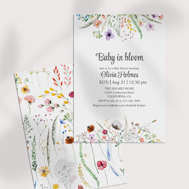 Baby in Bloom Wildblumen Kinderdusche Einladung (Baby in Bloom Wildflowers Baby Shower Invitation on a white table.)