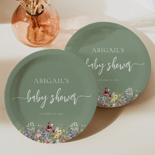 Baby in Bloom Wildblumen Salbeigrüne Babyparty Pappteller