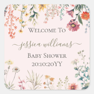 Baby in Bloom Wildflower-Baby-Party Quadratischer Aufkleber