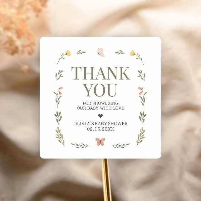 Baby in Bloom Wildflower Baby Shower Quadratischer Aufkleber (Minimalist Baby in Bloom Baby Shower Sticker)