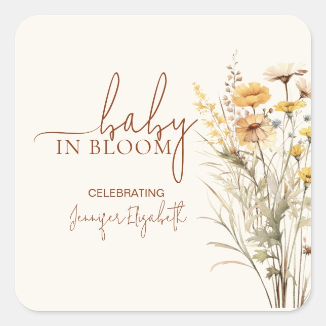 Baby in Bloom Wildflower Baby Shower Quadratischer Aufkleber (Vorderseite)