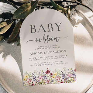 Baby in Bloom Wildflower Beige Bogenförmige Babypa Einladung
