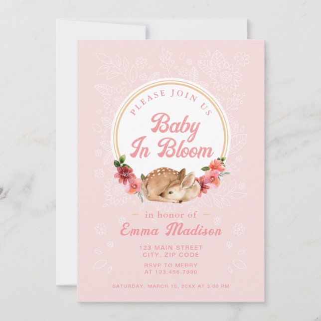 Baby in Bloom Woodland Deer Pink Dusche Einladung (Vorderseite)