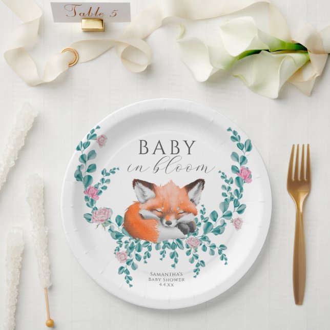 Baby in Bloom Woodland Fox Greenery Baby Shower Pappteller (Hochzeit)