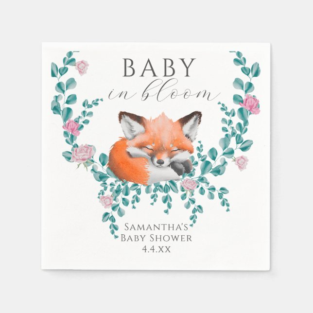 Baby in Bloom Woodland Fox Greenery Baby Shower Serviette (Vorderseite)