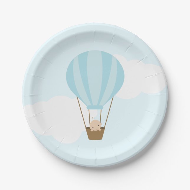 Baby in Blue Hot Air Balloon Baby Dusche Pappteller (Vorderseite)