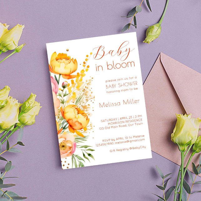 Baby in blühenden Frühling Blume Babydusche Einladung (Baby in bloom spring summer yellow flowers baby shower editable template invitation digital download)