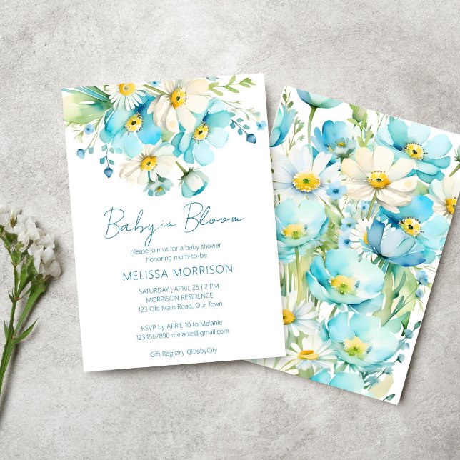 Baby in blühenden Frühling Blume Babydusche Einladung (Baby in bloom spring summer flowers baby shower template invitation digital download blue daisies)