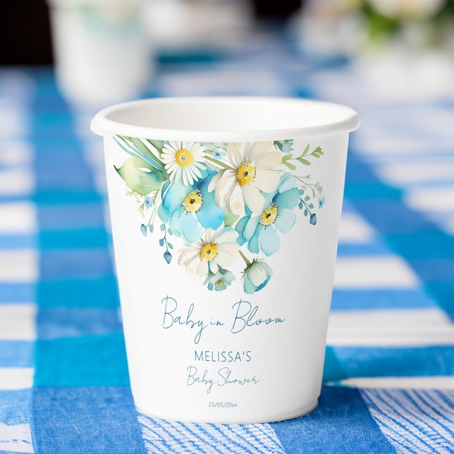 Baby in blühenden Frühling Sommer Babydusche Gesch Pappbecher (Baby in bloom spring summer baby shower tableware personalized paper cups blue daisy wildflowers)