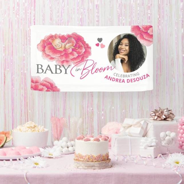 Baby in blühender Aquarell Rosa Foto Babydusche Banner (Party)