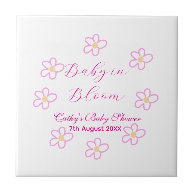 Baby in blühender rosa Blume Babydusche schlicht e Fliese (Vorderseite)