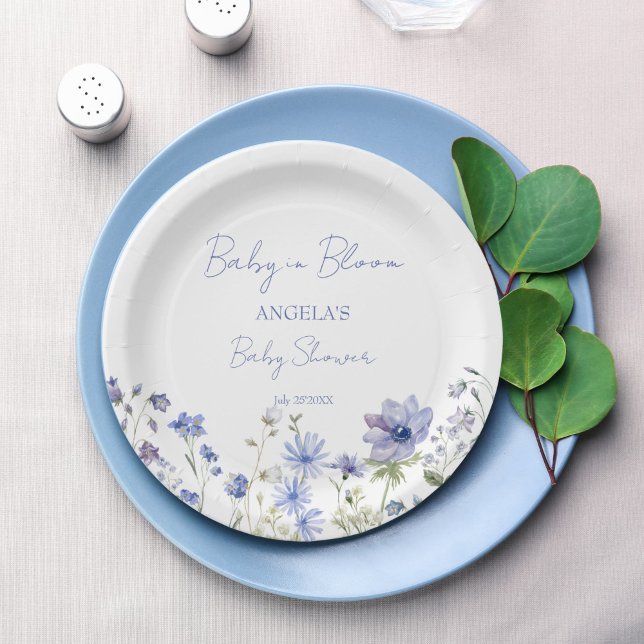 Baby in blühender Wildblume staubblaue Babydusche Pappteller (Baby in bloom dusty blue Wildflower baby shower personalized decor monogram  printed Paper Plates )