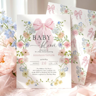 Baby in Blüte Rosa Schleife Babyparty Einladung