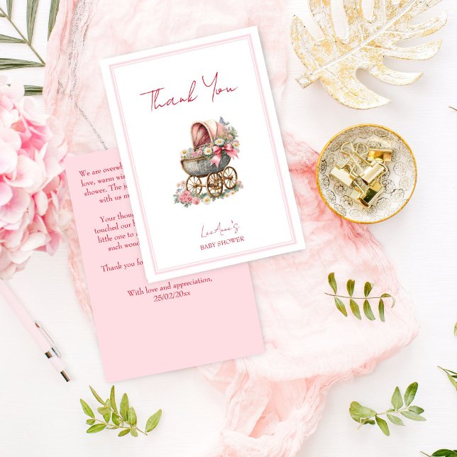 Baby in Blüte Vintage Blume Kinderdusche Dankeskarte (Baby in bloom vintage carriage with a pink bow wild flowers baby shower thank you card)
