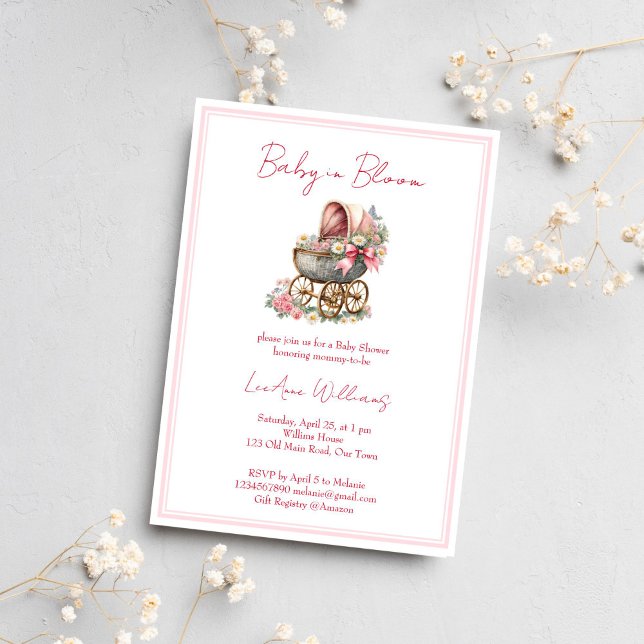 Baby in Blüte Vintage Blume Kinderdusche Einladung (Baby in bloom vintage carriage pink bow wildflowers girls baby shower invitation template )