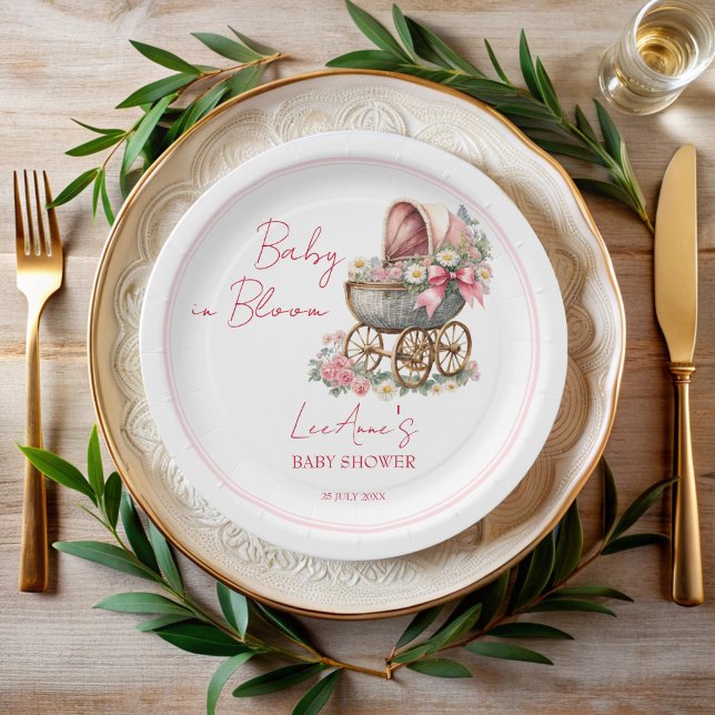 Baby in Blüte Vintage Blume Kinderdusche Pappteller (Baby in bloom vintage carriage  pink bow flowers baby shower personalized paper plates)