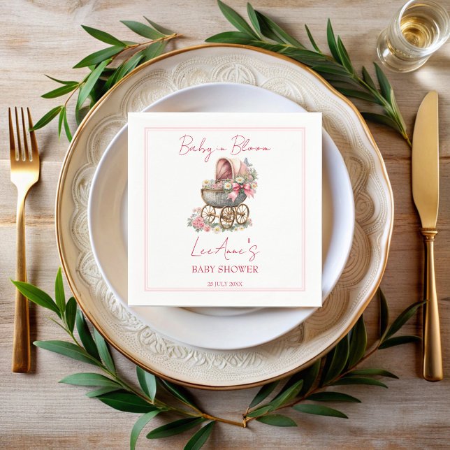 Baby in Blüte Vintage Blume Kinderdusche Serviette (Baby in bloom vintage carriage   pink bow flowers monogrammed baby shower napkins personalized decor)