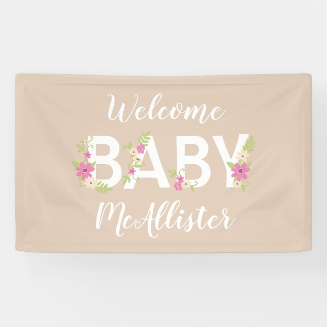 Baby in Blütendusche Rosa Vintage Blume Mädchen Banner (Horizontal)