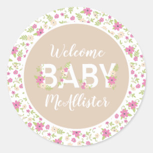 Baby in Blütendusche Rosa Vintage Blume Mädchen Runder Aufkleber