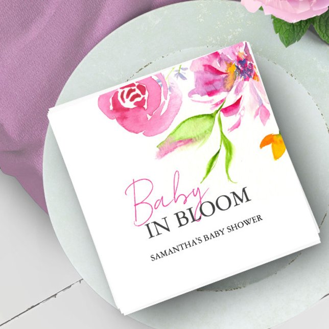 Baby in Blütendusche Wasserfarben Blume Serviette (Baby in bloom baby shower napkin pink watercolor florals by Victoria Grigaliunas Do Tell A Belle)