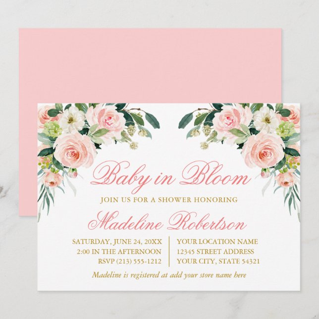 Baby in Blütenfarbe Rosa Blütendusche Einladung (Vorne/Hinten)