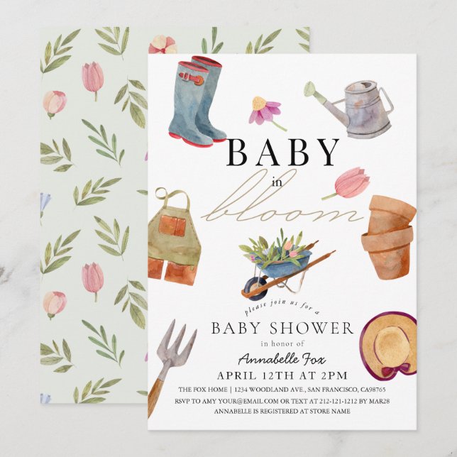 Baby in Blütengartenwerkzeug Kinderdusche Invitati Einladung (Vorne/Hinten)
