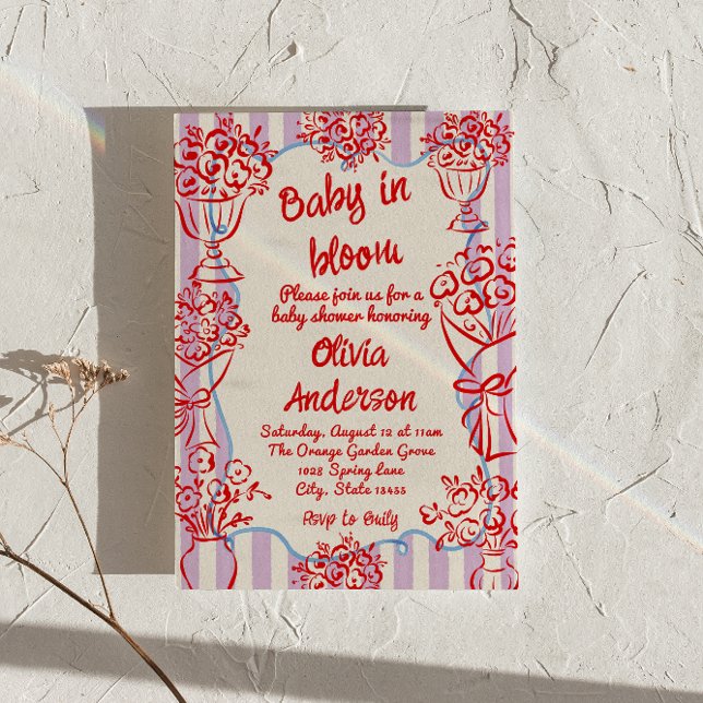 Baby in Blütenhand gezogene Blume Retro Babydusche Einladung (Von Creator hochgeladen)