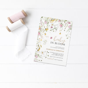 Baby in Blütenpinke und Gelbe Wildblumen Dusche Einladung