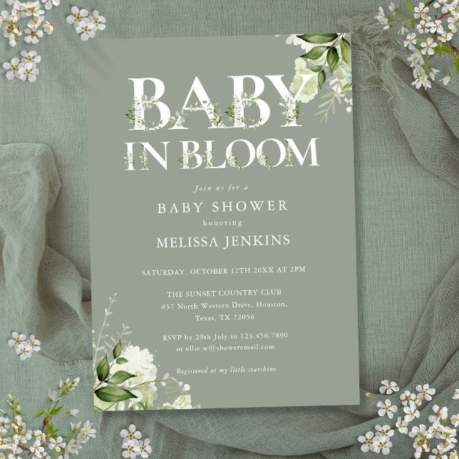 Baby in Blütensäge Grünpflanzen Blumenkinderdusche Einladung (Baby In Bloom Sage Greenery Floral Baby Shower Invitation)