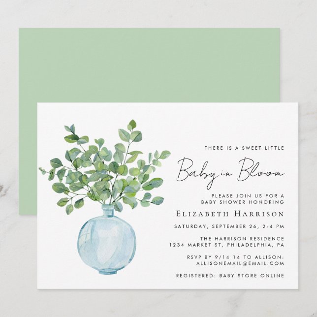 Baby in Blütenzeit Eukalyptus Aquarelldusche Einladung (Vorne/Hinten)