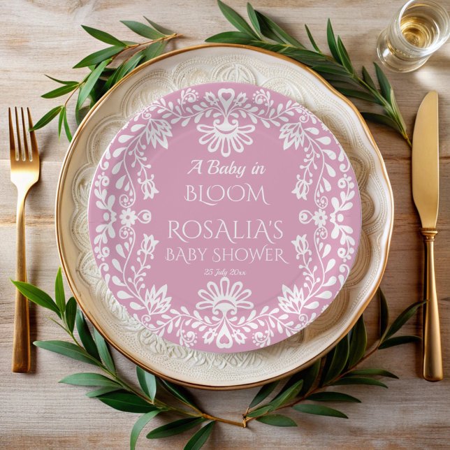 Baby in blütigem rosa staubigen mexikanischen Baby Pappteller (Baby in bloom dusty pink Mexican cielito lindo girls baby shower personalized printed Paper Plates)