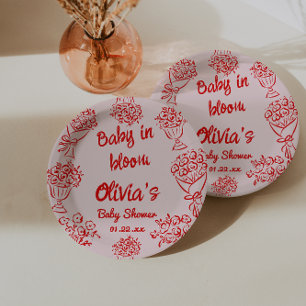 Baby in blutrosa Handgezogenes Blumenbaby-Dusche Pappteller