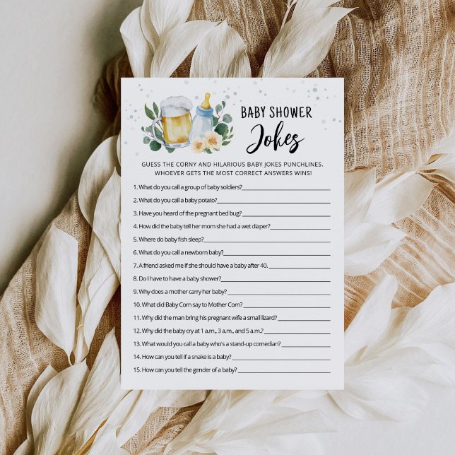 Baby Is Brewing Baby Shower Witze-Spiel mit Antwor Einladung (Beer and Floral Baby is Brewing Baby Shower Jokes Game Card)