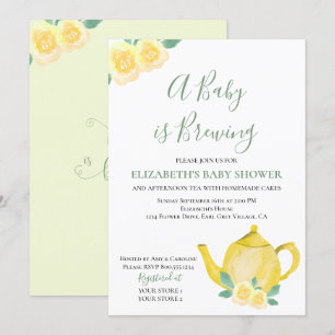 Baby is Brewing Gelbe Teekanne Baby Shower Einladung