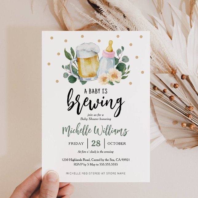 Baby Is Brewing Greenery Baby Shower Einladung (Baby is Brewing Beer Baby Shower Party Invitation)