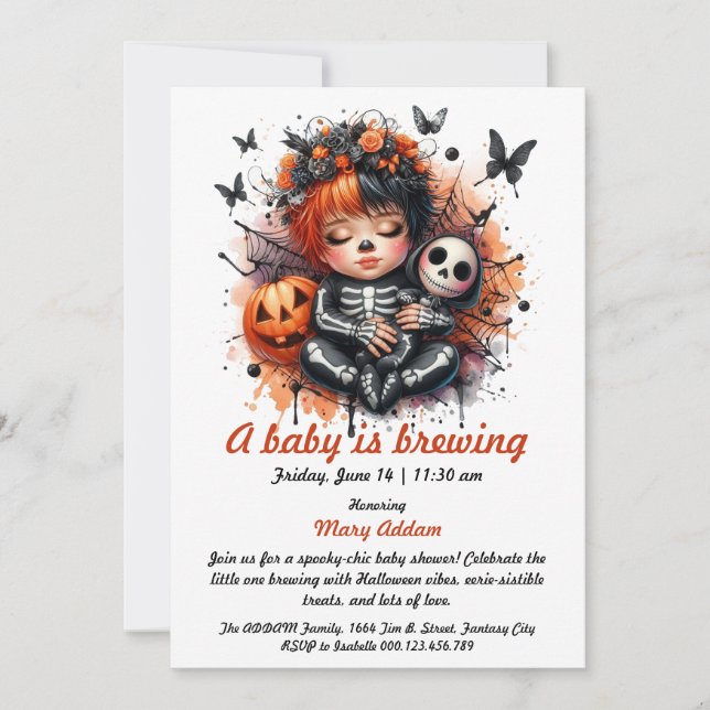 Baby is Brewing, Orange Halloween Baby Shower Einladung (Vorderseite)