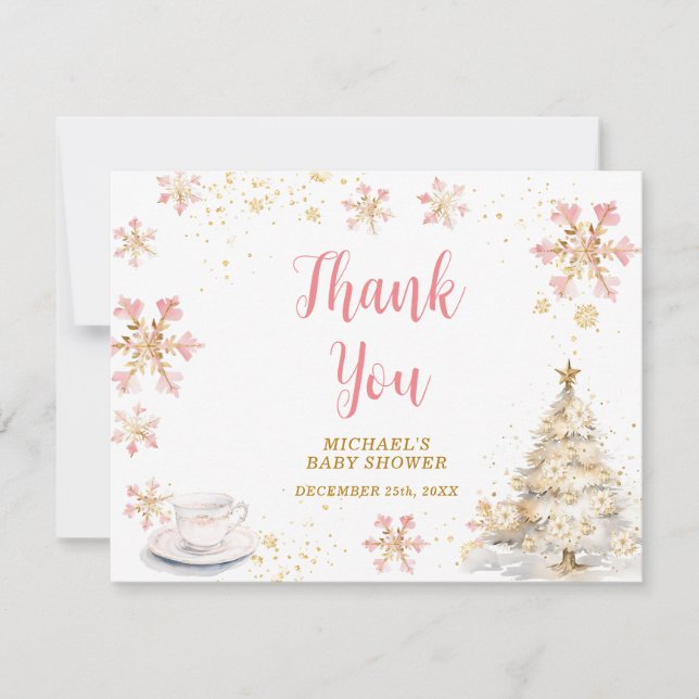 Baby Is Brewing Pink Winter Tea Party Baby Shower Dankeskarte (Vorderseite)