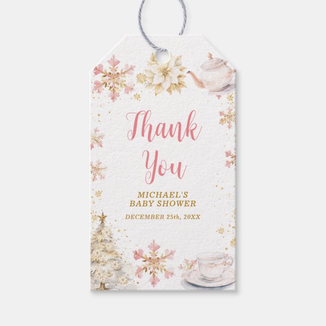 Baby Is Brewing Pink Winter Tea Party Baby Shower Geschenkanhänger (Vorderseite)