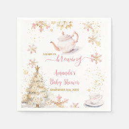 Baby Is Brewing Pink Winter Tea Party Baby Shower Serviette