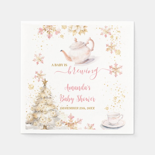 Baby Is Brewing Pink Winter Tea Party Baby Shower Serviette (Vorderseite)