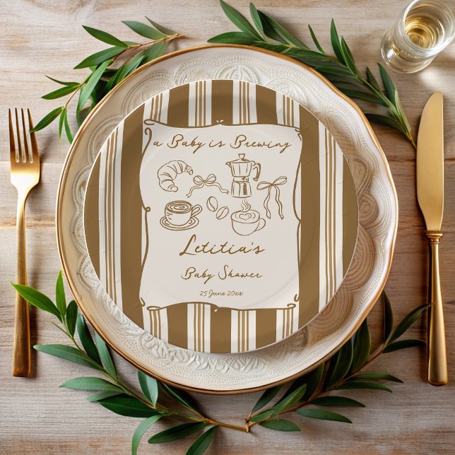 Baby is brewing retro stripes coffee baby shower  pappteller (Baby is brewing vintage retro brown stripes coffee baby shower personalized printed paper plates)