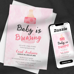 Baby is Brewing Rosa Flaschen-Wasserfarben-Baby-Pa Einladung