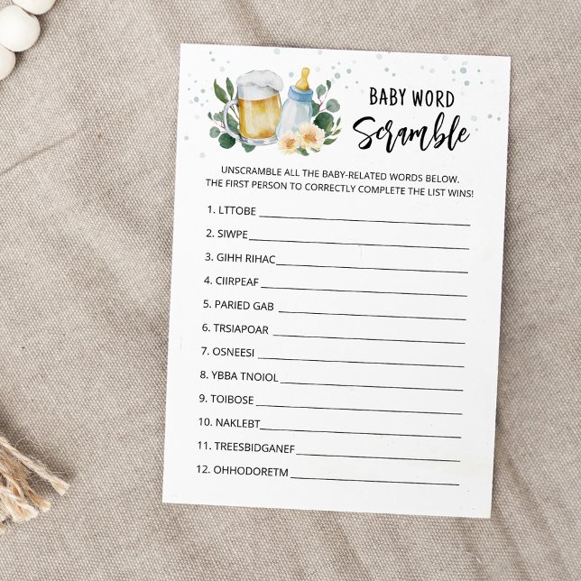  Baby Is Brewing Word Scramble Baby Shower Card Einladung (Beer Sage Green Baby Shower Baby Word Scramle Game)