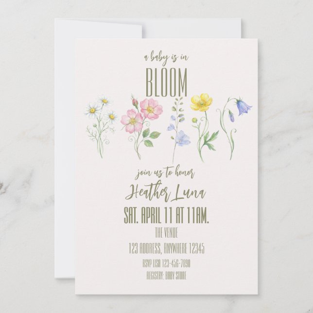 Baby is in Bloom, Single Flowers Baby Shower Einladung (Vorderseite)