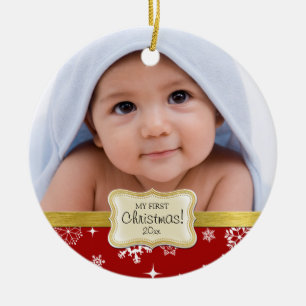 Baby ist 1. Weihnachten. Weiße und rote Schneefloc Keramik Ornament