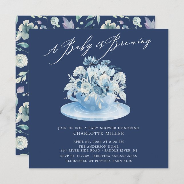 Baby ist das Brewing Blue Floral Baby Tee Einladung (Vorne/Hinten)