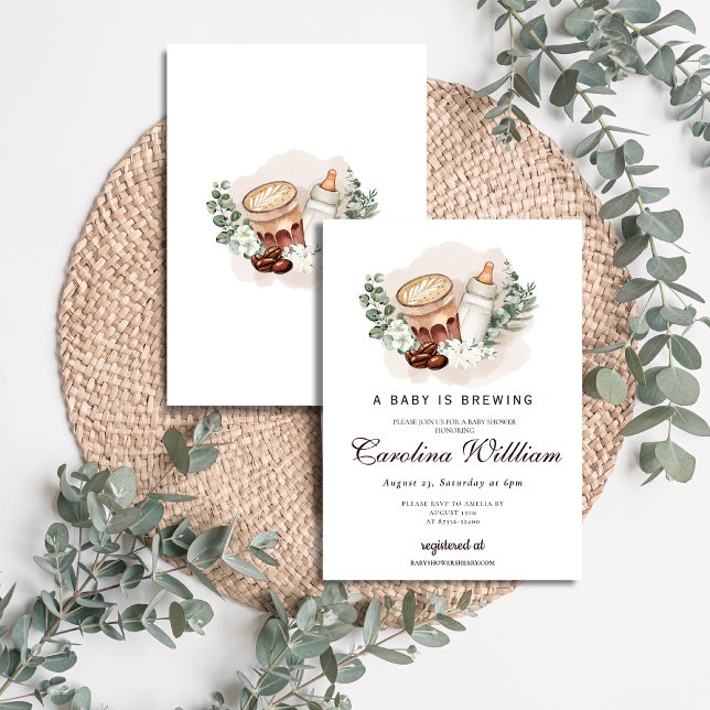 Baby ist das Brewing Greenery Coffee Baby Shower Einladung (Von Creator hochgeladen)