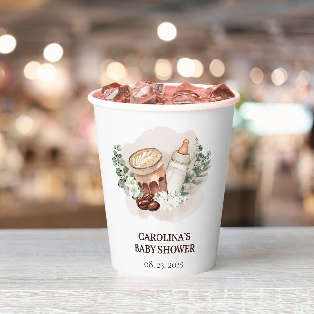 Baby ist das Brewing Greenery Coffee Baby Shower Pappbecher (Von Creator hochgeladen)