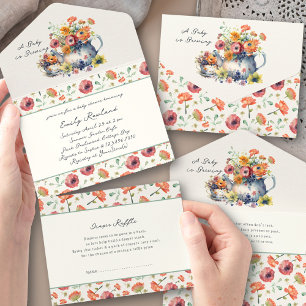 Baby ist im Anflug Florale Teekanne Baby Shower All In One Einladung
