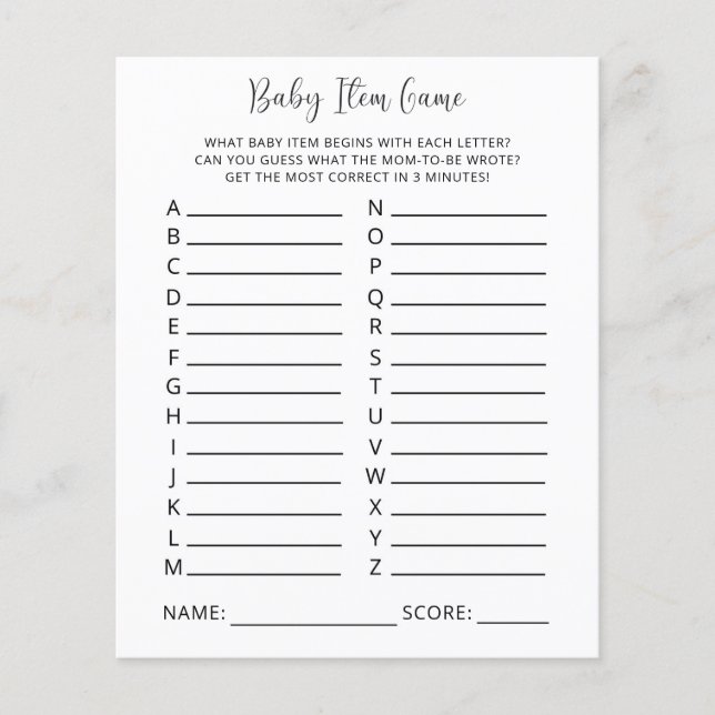 Baby Item Game. Baby Shower Game (Vorderseite)